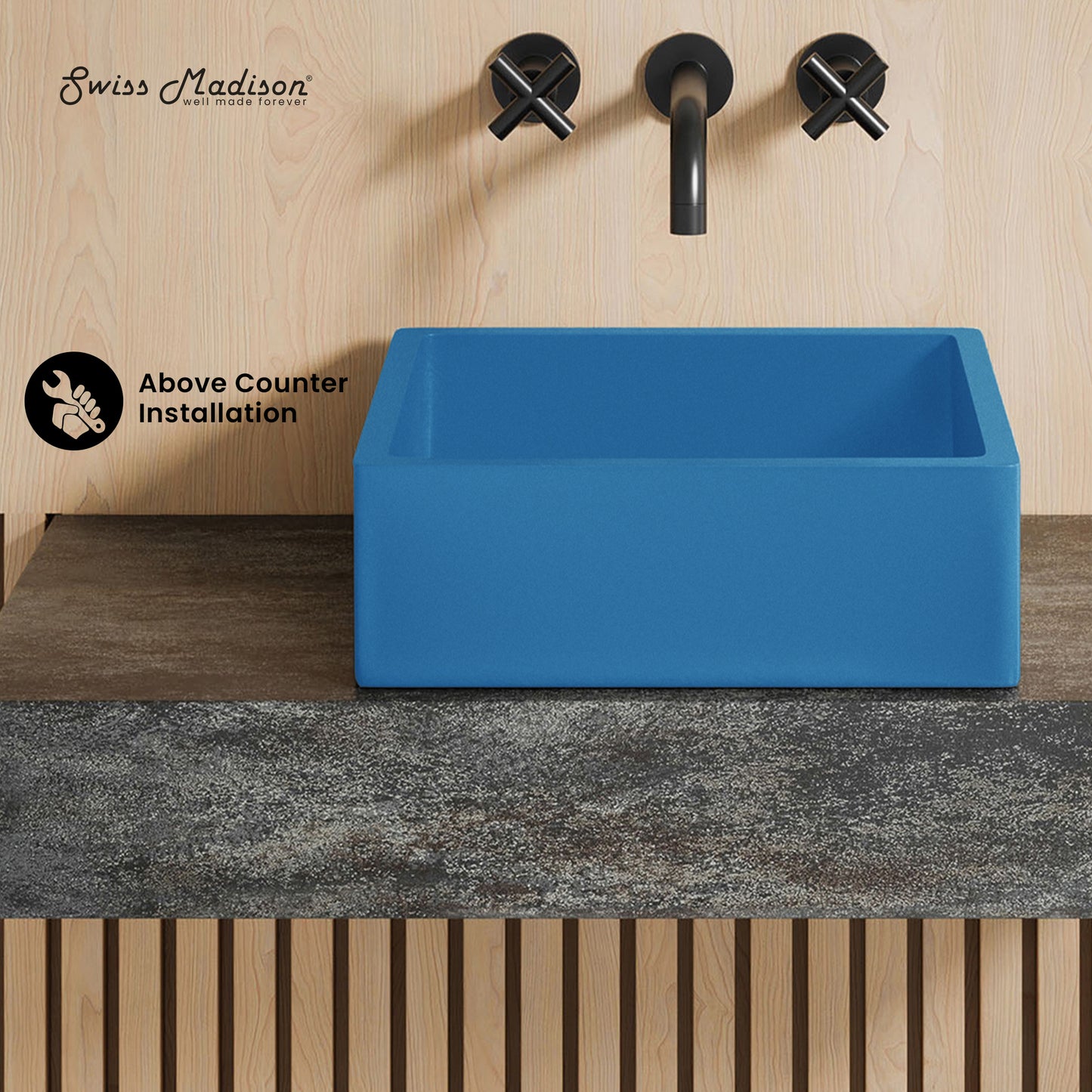 Swiss Madison, Lisse 15.5" Concrete Square Vessel Sink in Matte Powder Blue
