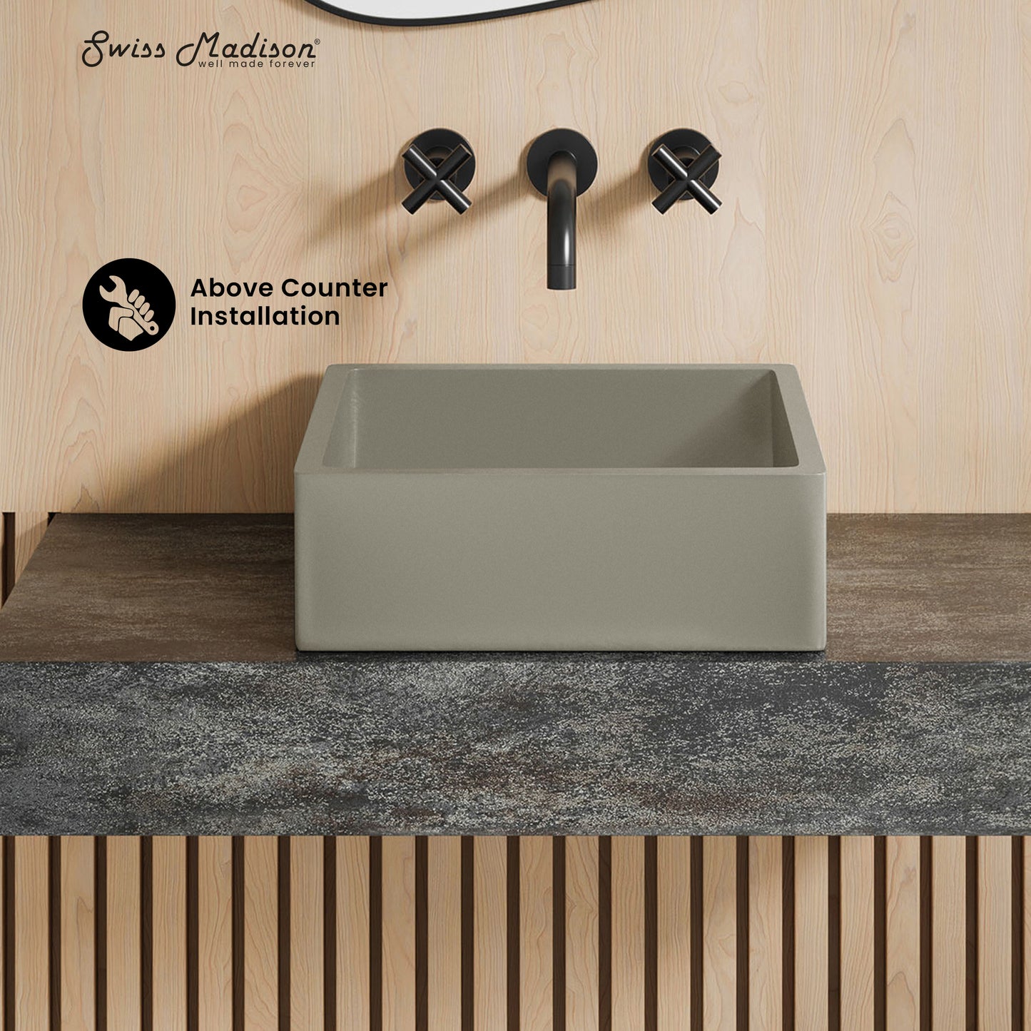 Swiss Madison, Lisse 15.5" Concrete Square Vessel Sink in Matte Taupe