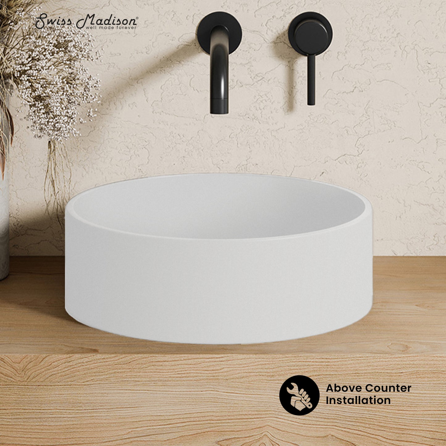 Swiss Madison, Lisse 14.5" Concrete Round Vessel Sink in Matte White