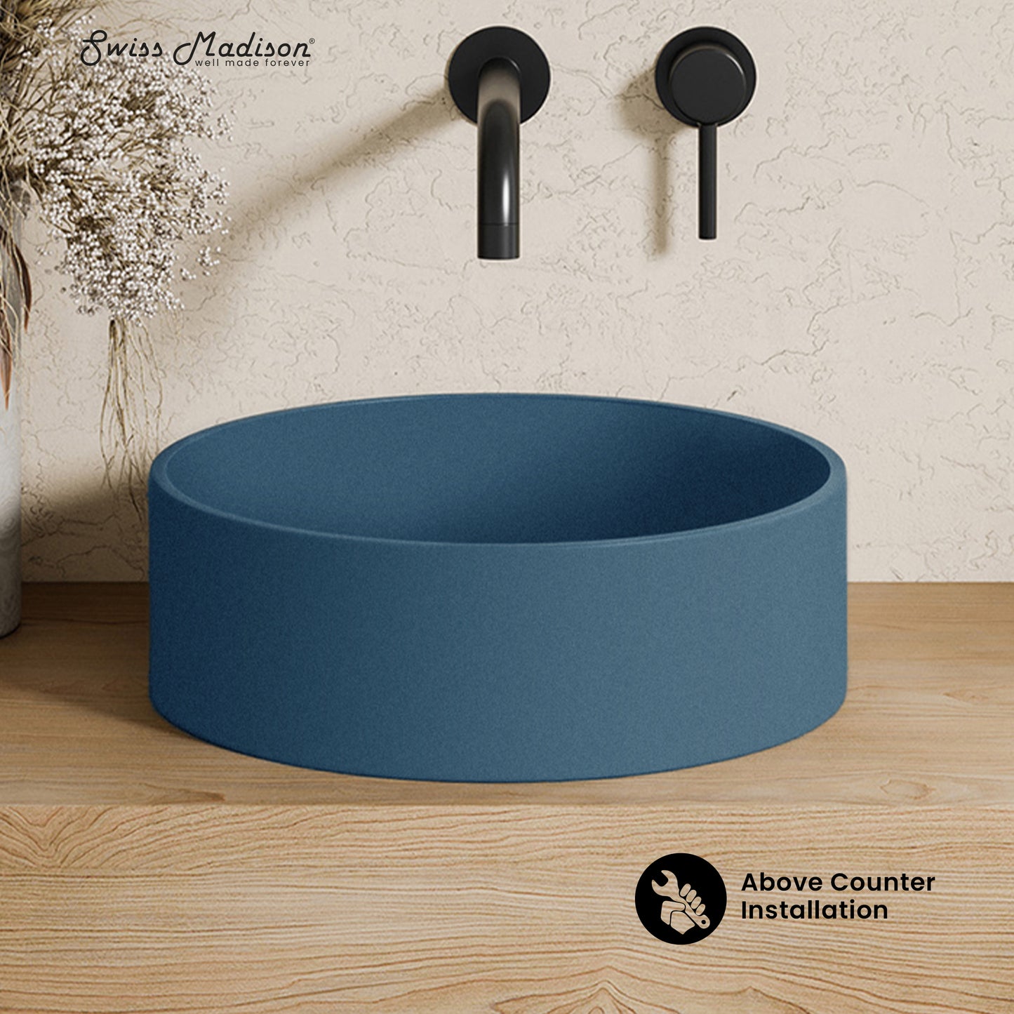 Swiss Madison, Lisse 14.5" Concrete Round Vessel Sink in Matte Royal Blue