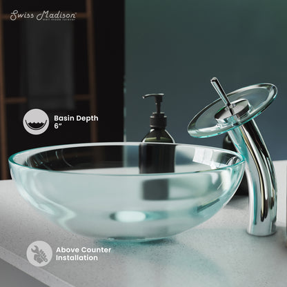Swiss Madison, Cascade 16.5 Glass Vessel Sink with Faucet, Clear