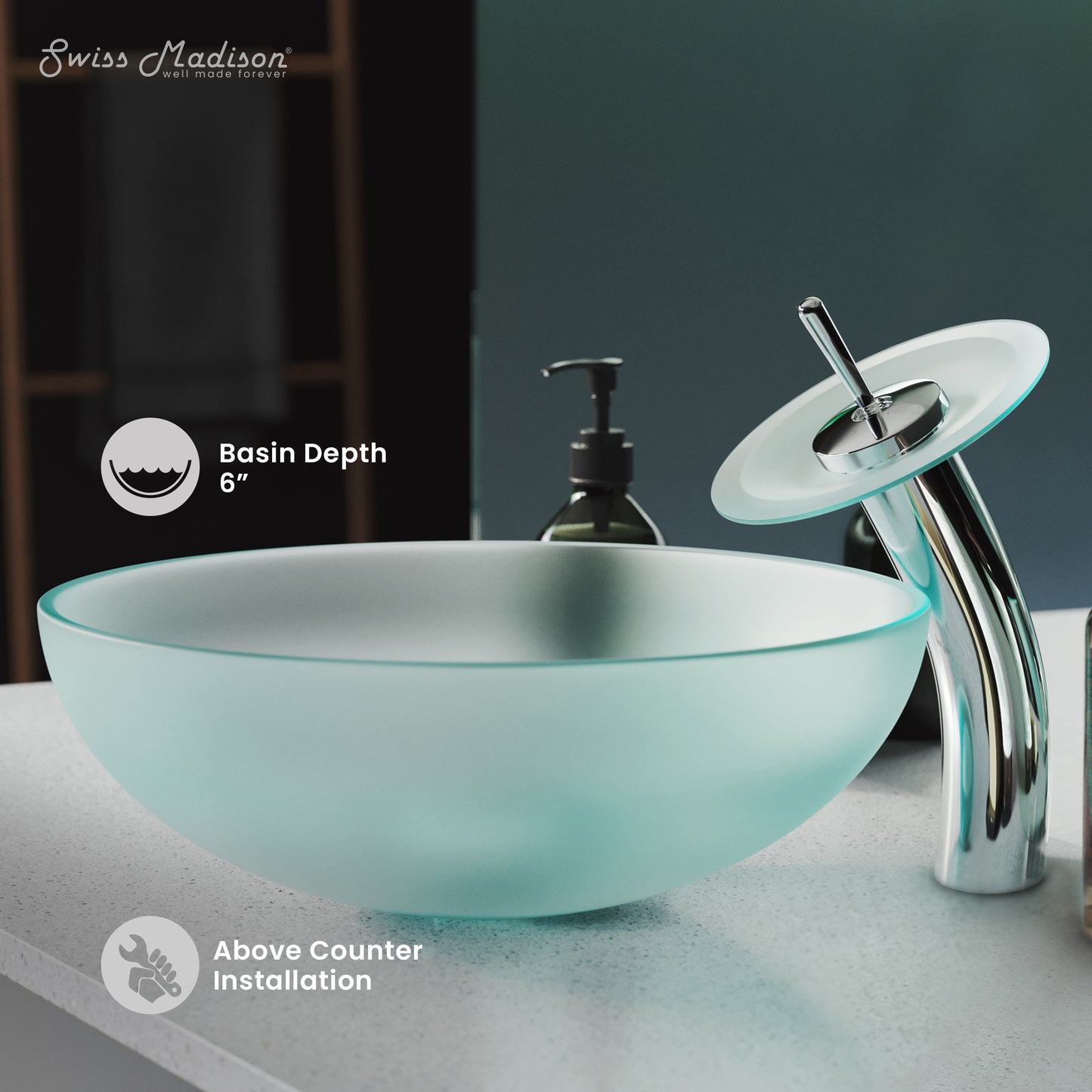 Swiss Madison, Cascade 16.5 Color Glass Vessel Sink with Faucet, Frost