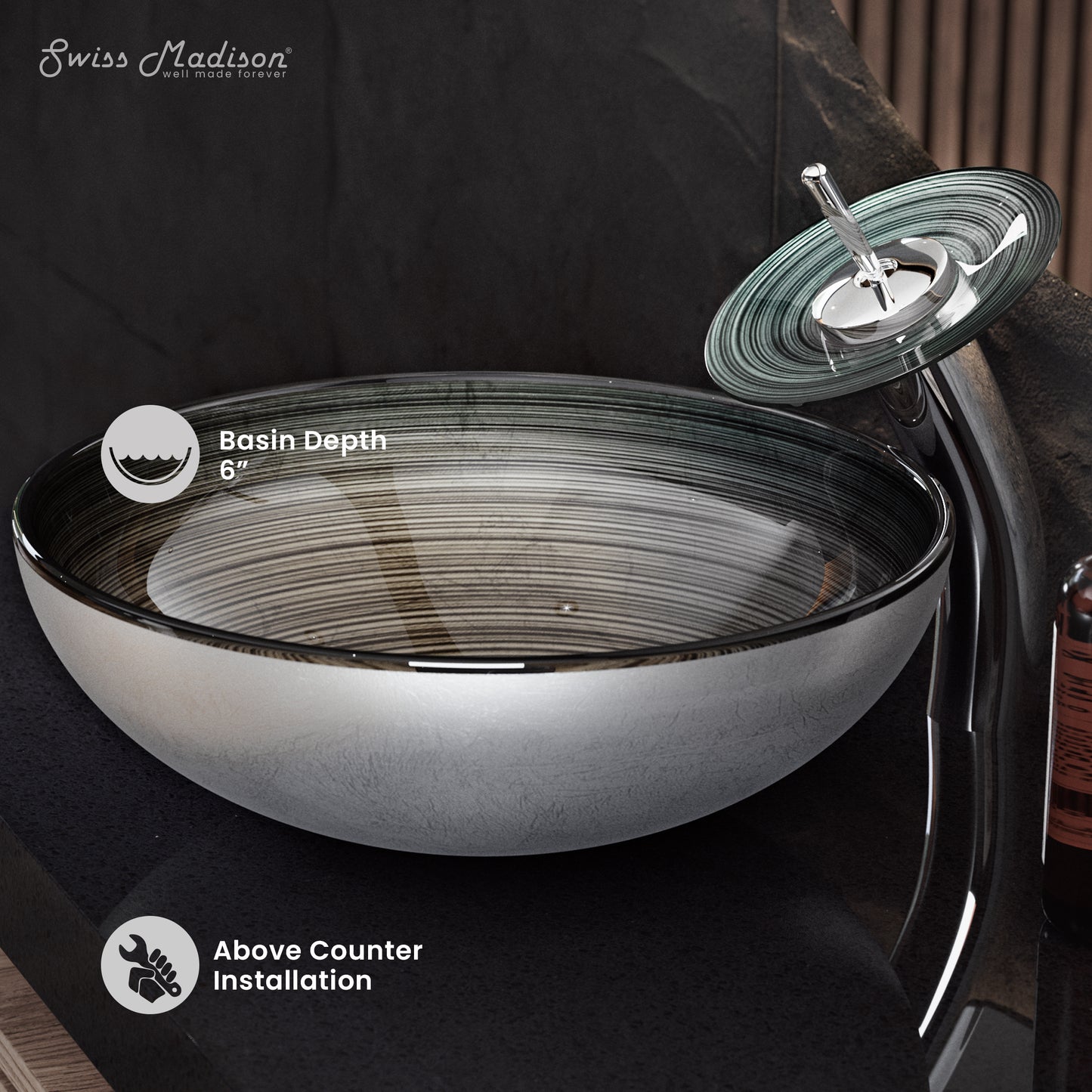 Swiss Madison, Cascade 16.5 Glass Vessel Sink with Faucet, Smoky Grey
