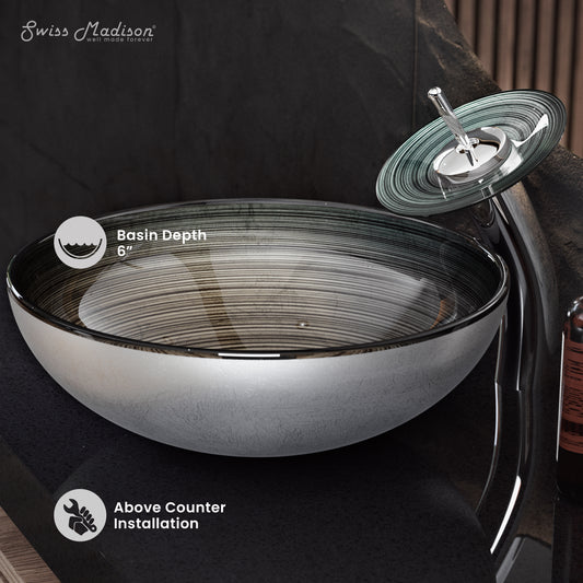Swiss Madison, Cascade 16.5 Glass Vessel Sink with Faucet, Smoky Grey