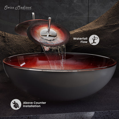 Swiss Madison, Cascade 16.5 Glass Vessel Sink with Faucet, Ember Red