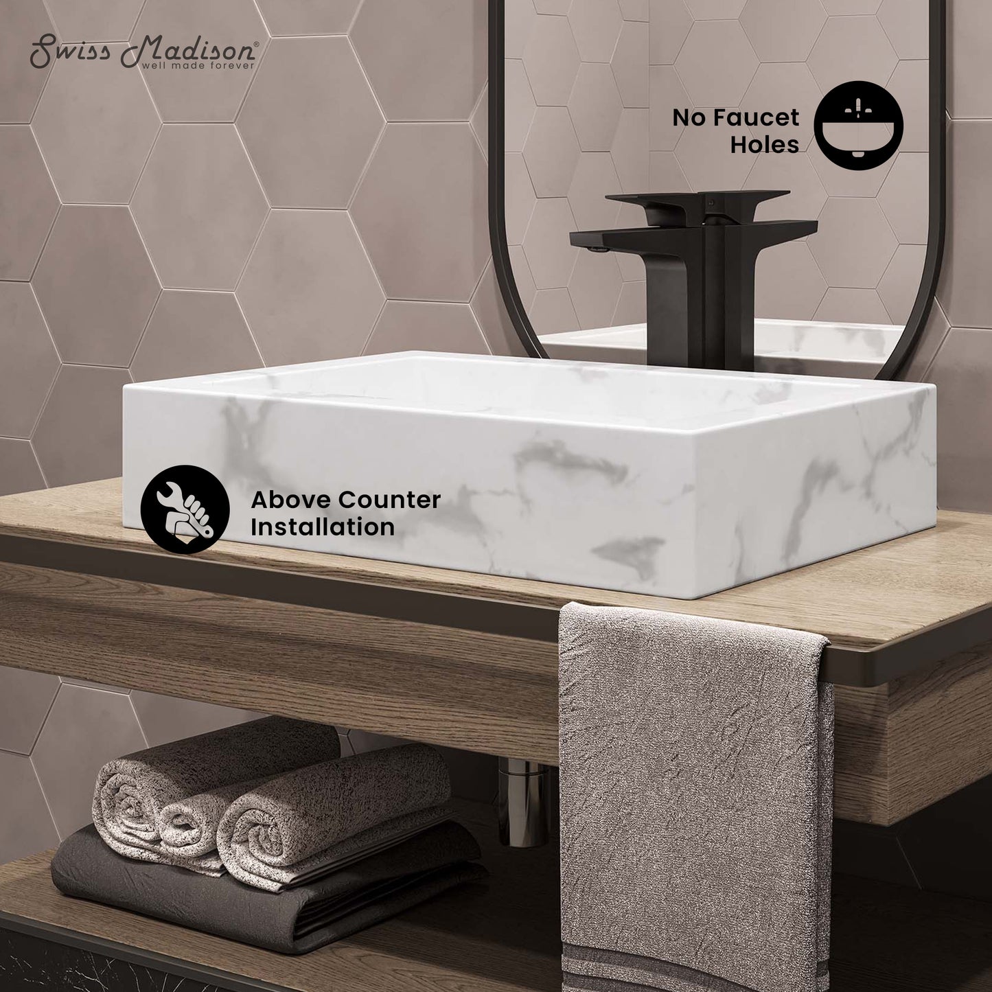 Swiss Madison, Voltaire 22" Ceramic Vessel Bathroom Sink in White Marble
