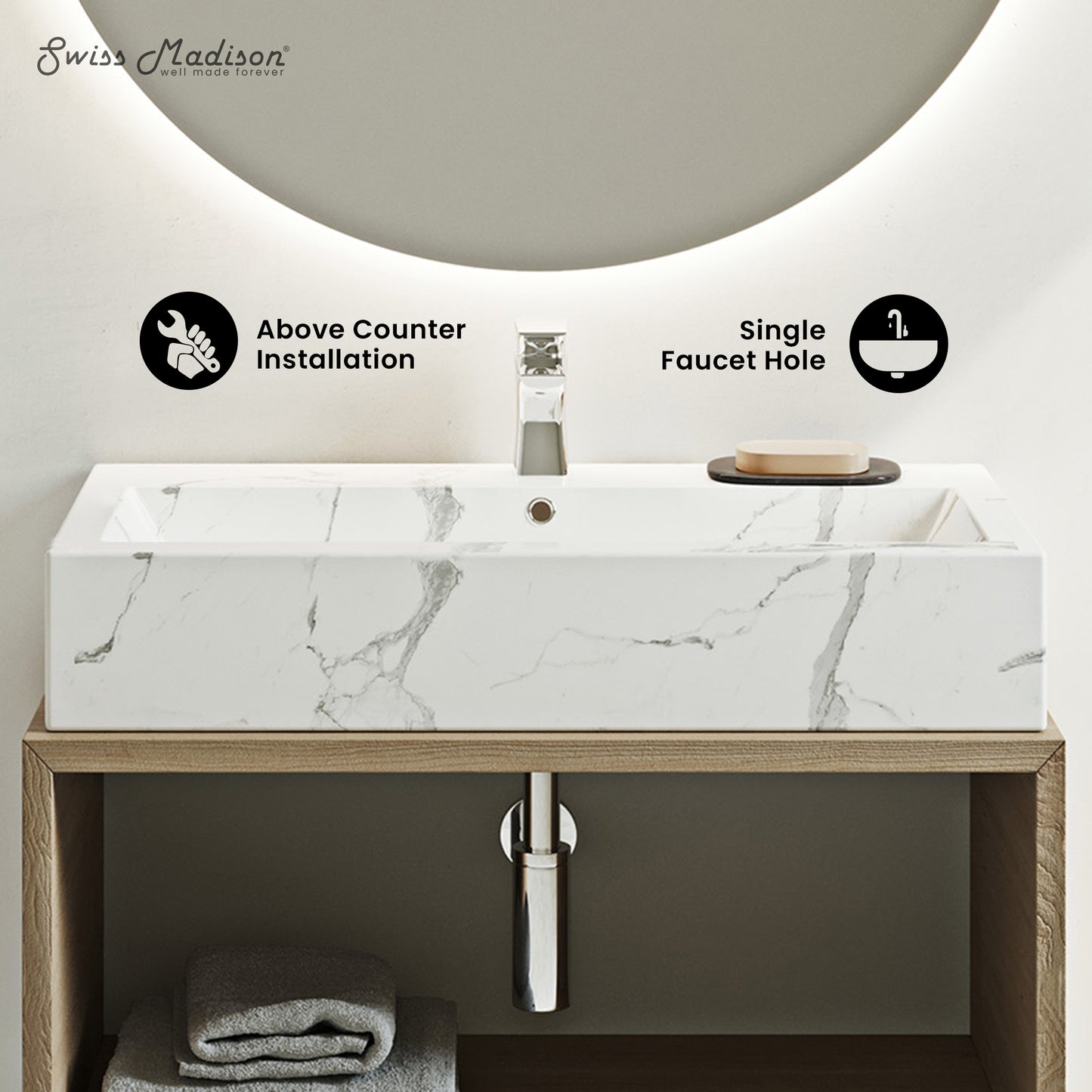 Swiss Madison, Voltaire Wide Rectangle Vessel Sink in White Marble