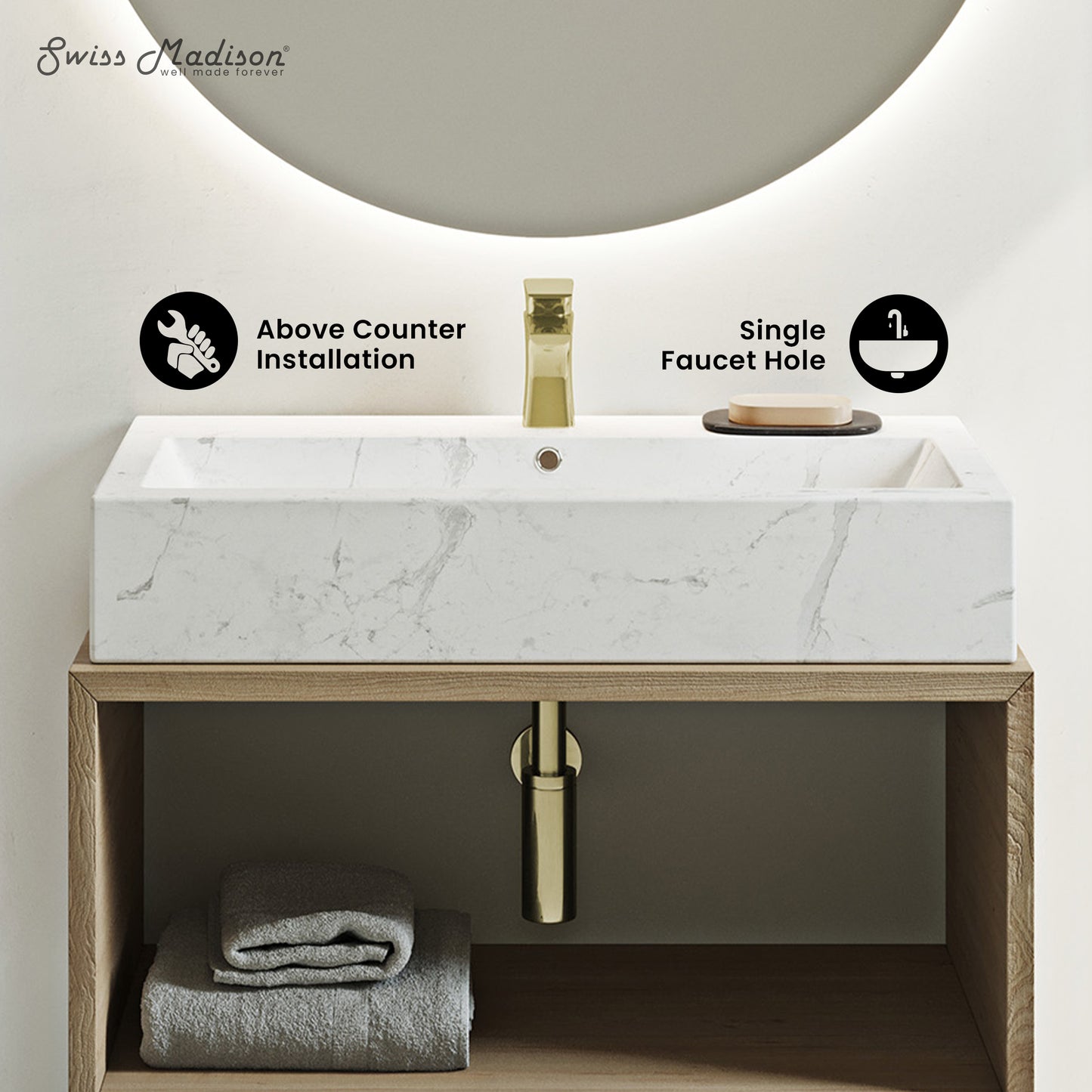 Swiss Madison, Voltaire Wide Rectangle Vessel Sink in Static Marble