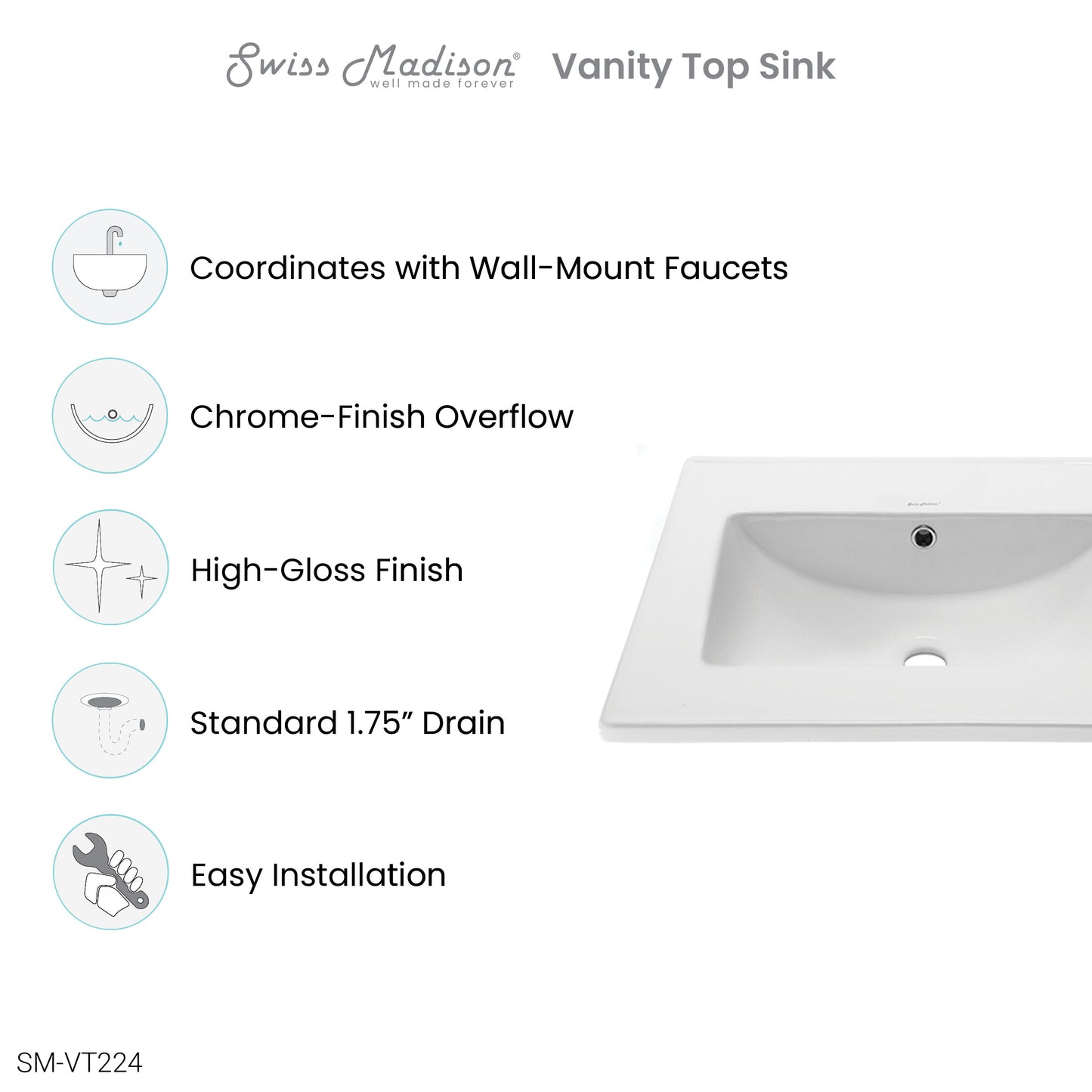 Swiss Madison, 24" Vanity Top Without Faucet Hole