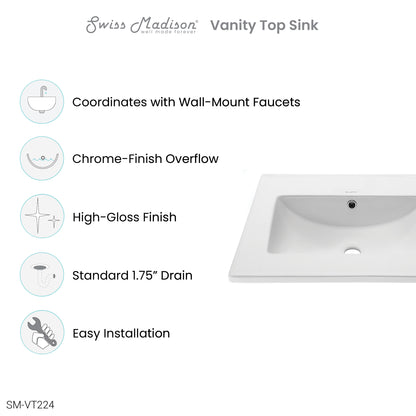 Swiss Madison, 24" Vanity Top Without Faucet Hole
