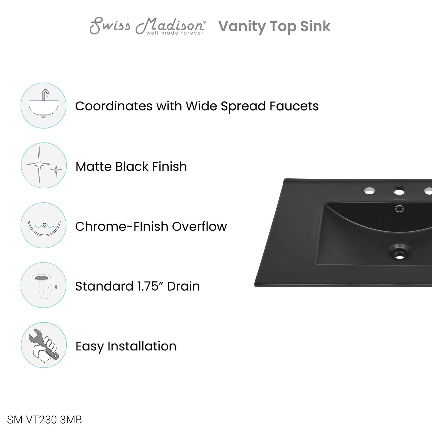 Swiss Madison, 30" 3-Hole Widespread Vanity Sink Top in Matte Black