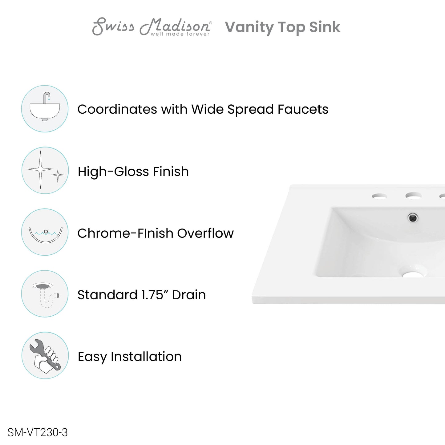 Swiss Madison, 30" 3-Hole Widespread Vanity Sink Top in Glossy White