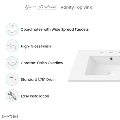 Swiss Madison, 30" 3-Hole Widespread Vanity Sink Top in Glossy White