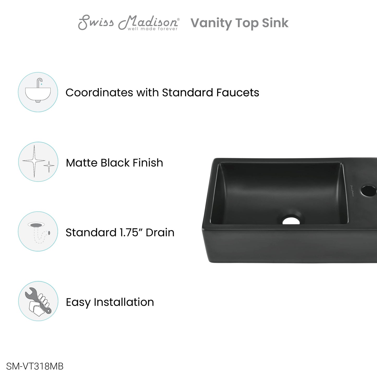 Swiss Madison, 18 inch Ceramic Vanity Sink Top in Matte Black
