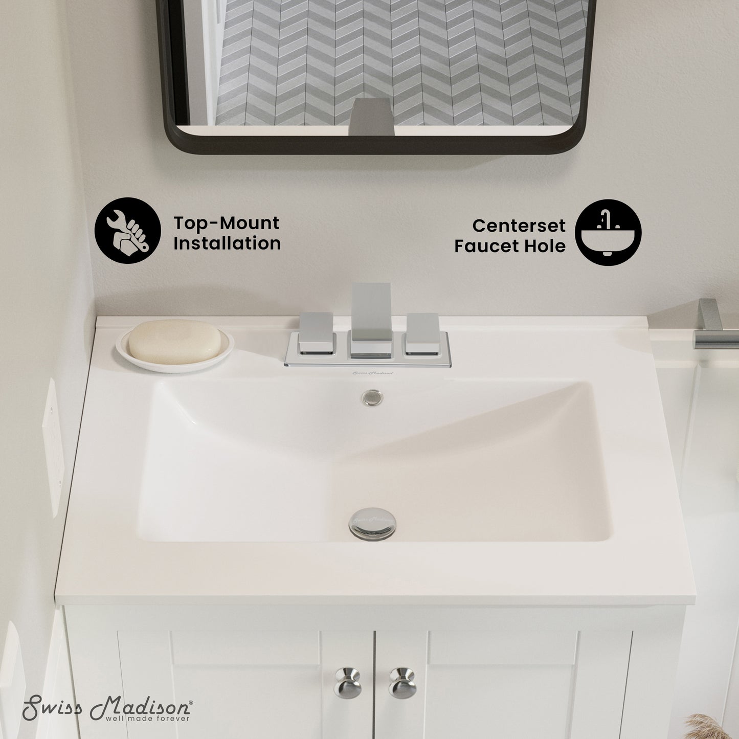 Swiss Madison, 24" 3-Hole Centerset Vanity Sink Top in Glossy White