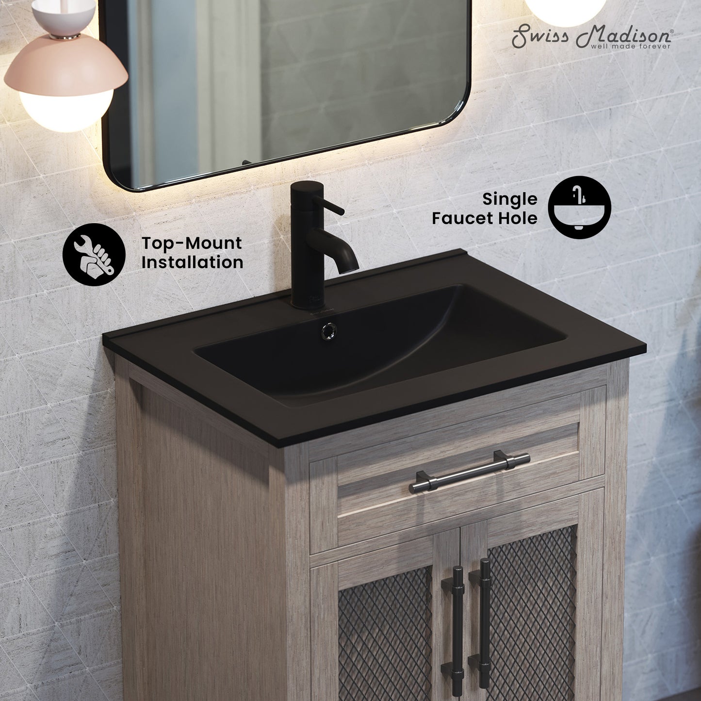Swiss Madison, 24" Ceramic Vanity Top with Single Faucet Hole in Matte Black