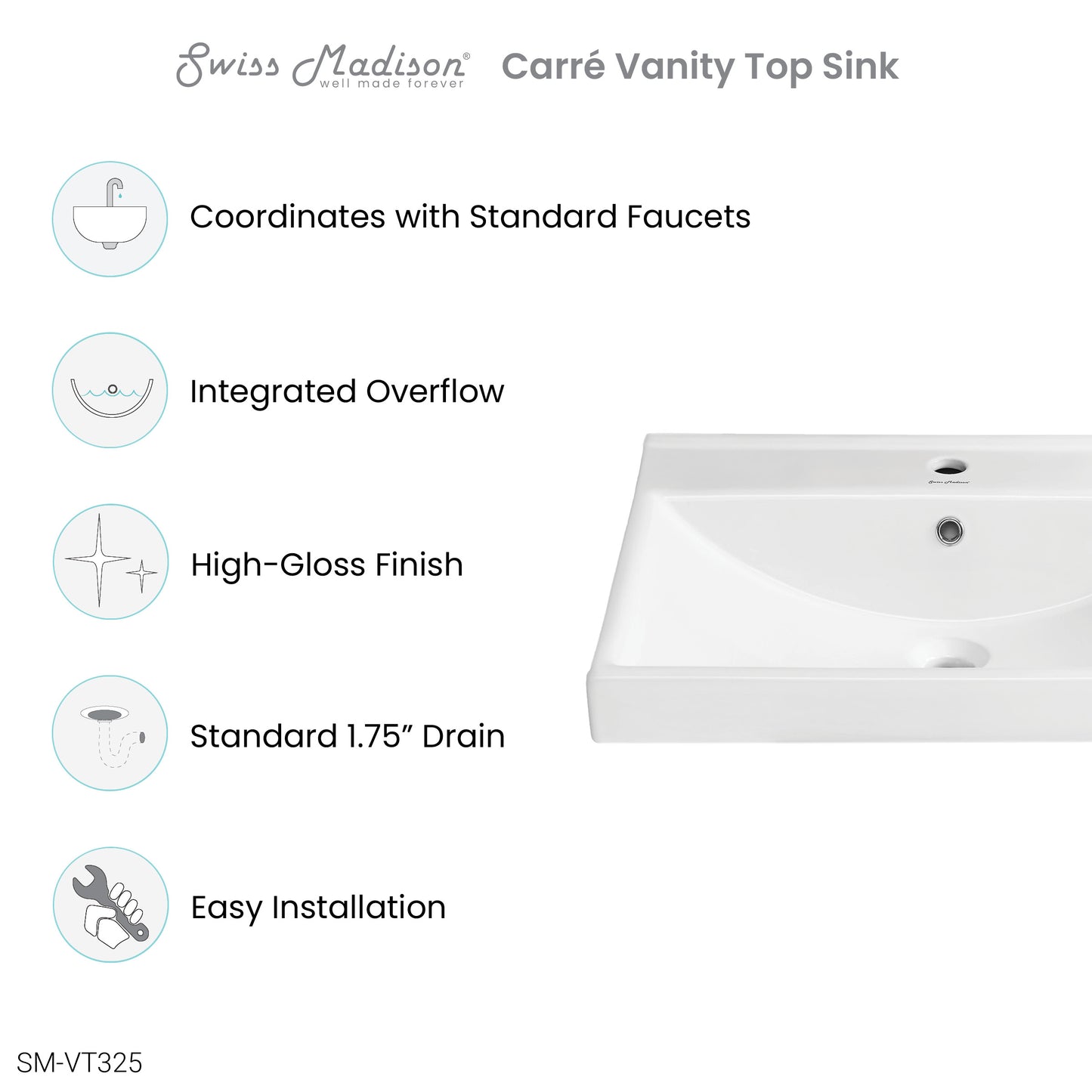 Swiss Madison, Carre 24" Vanity Top Bathroom Sink Single Hole