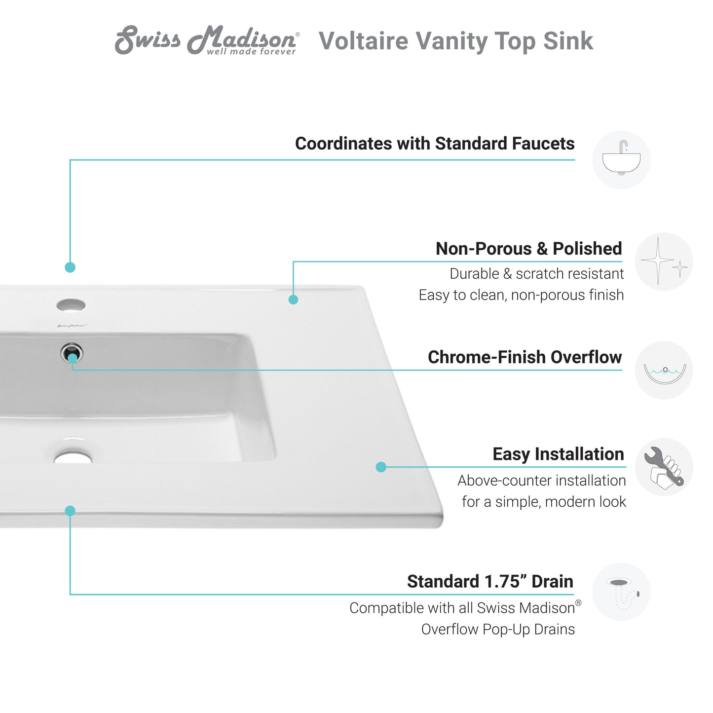 Swiss Madison, Voltaire 31 Vanity Top Sink with Single Faucet Hole