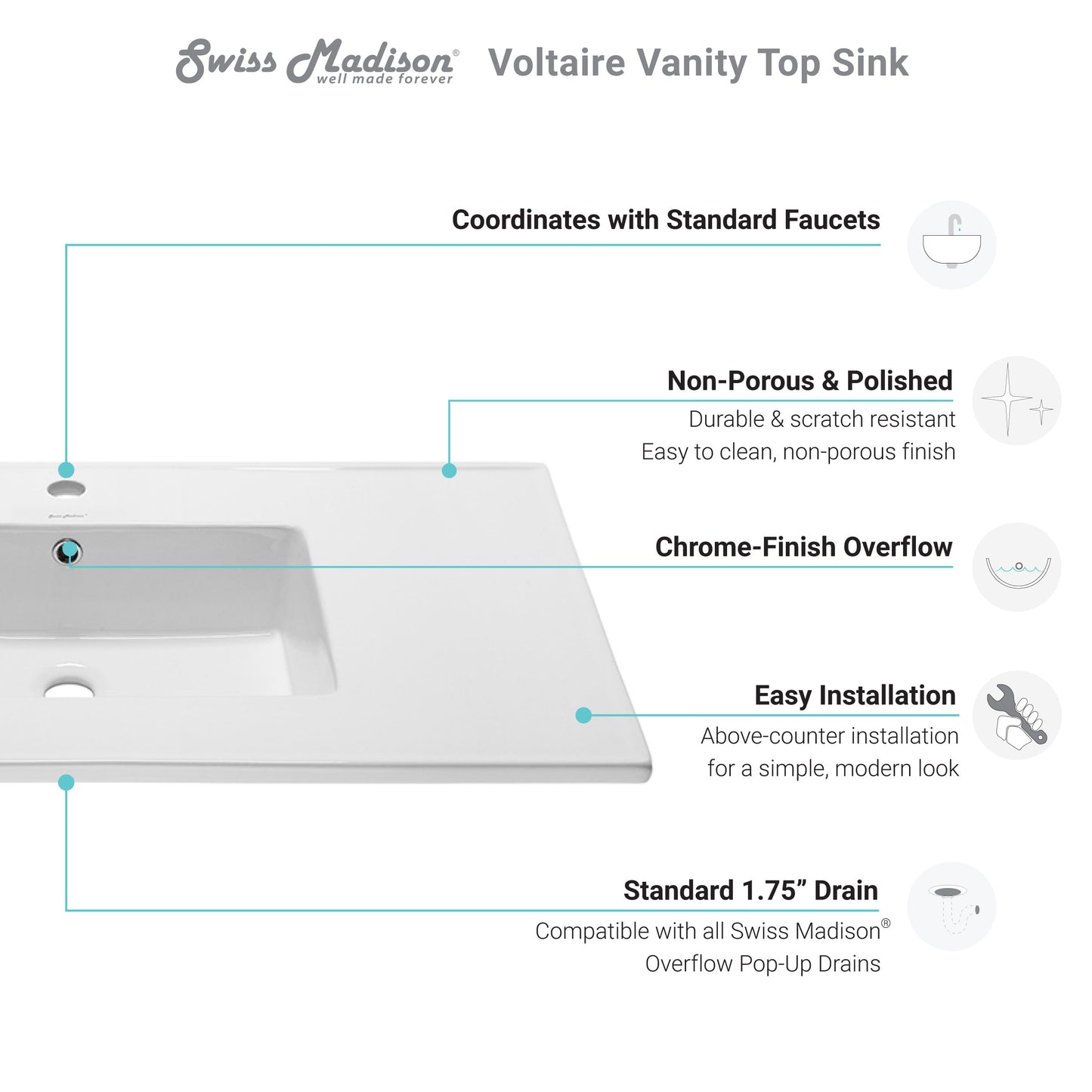 Swiss Madison, Voltaire 37 Vanity Top Sink with Single Faucet Hole