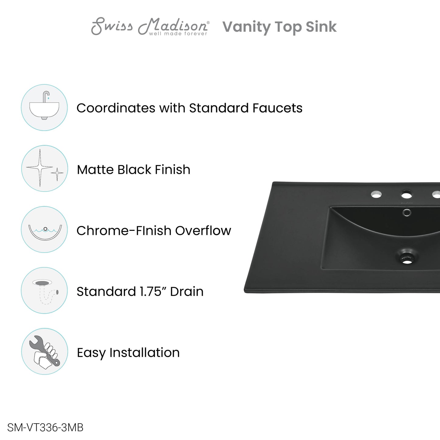 Swiss Madison, 36" Ceramic Vanity Top with Three Faucet Holes in Matte Black