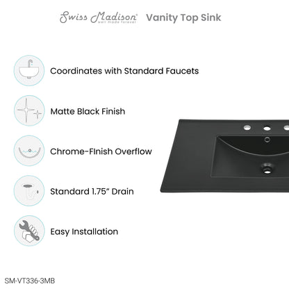 Swiss Madison, 36" Ceramic Vanity Top with Three Faucet Holes in Matte Black