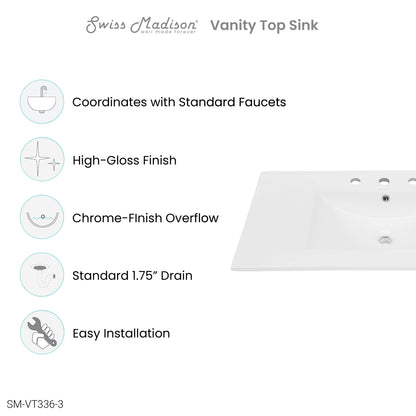 Swiss Madison, 36" Ceramic Vanity Top with Three Faucet Holes