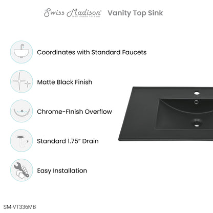 Swiss Madison, 36" Ceramic Vanity Top with Single Faucet Hole in Matte Black