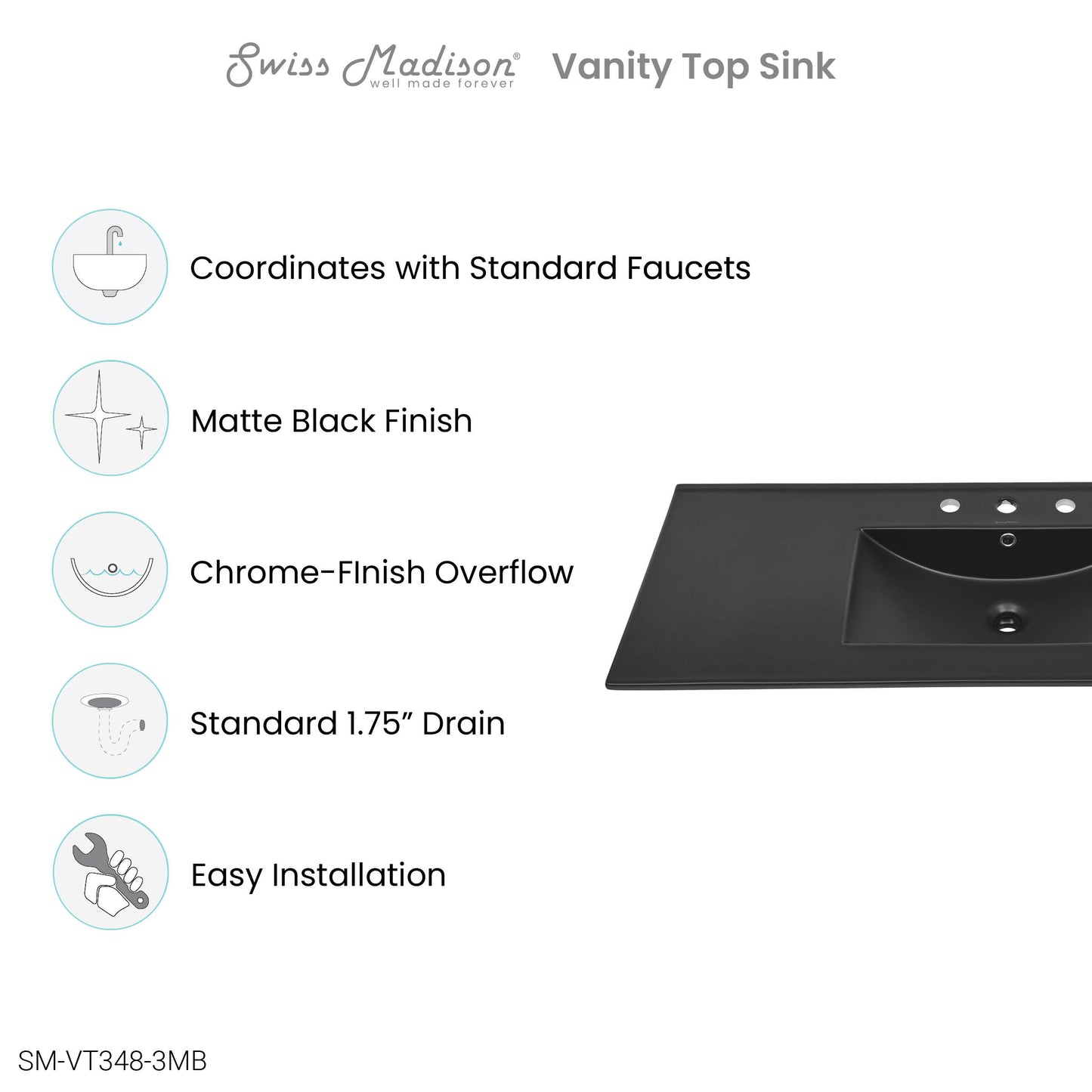 Swiss Madison, 48" 3-Hole Widespread Vanity Sink Top in Matte Black
