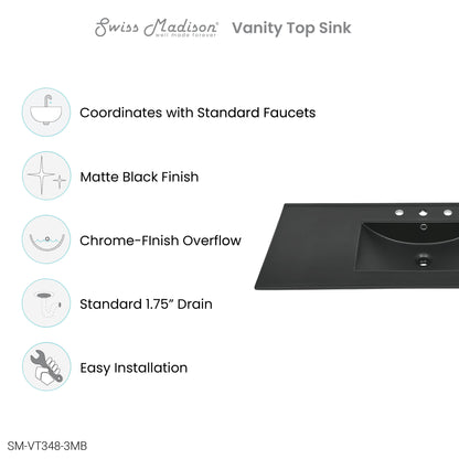 Swiss Madison, 48" 3-Hole Widespread Vanity Sink Top in Matte Black