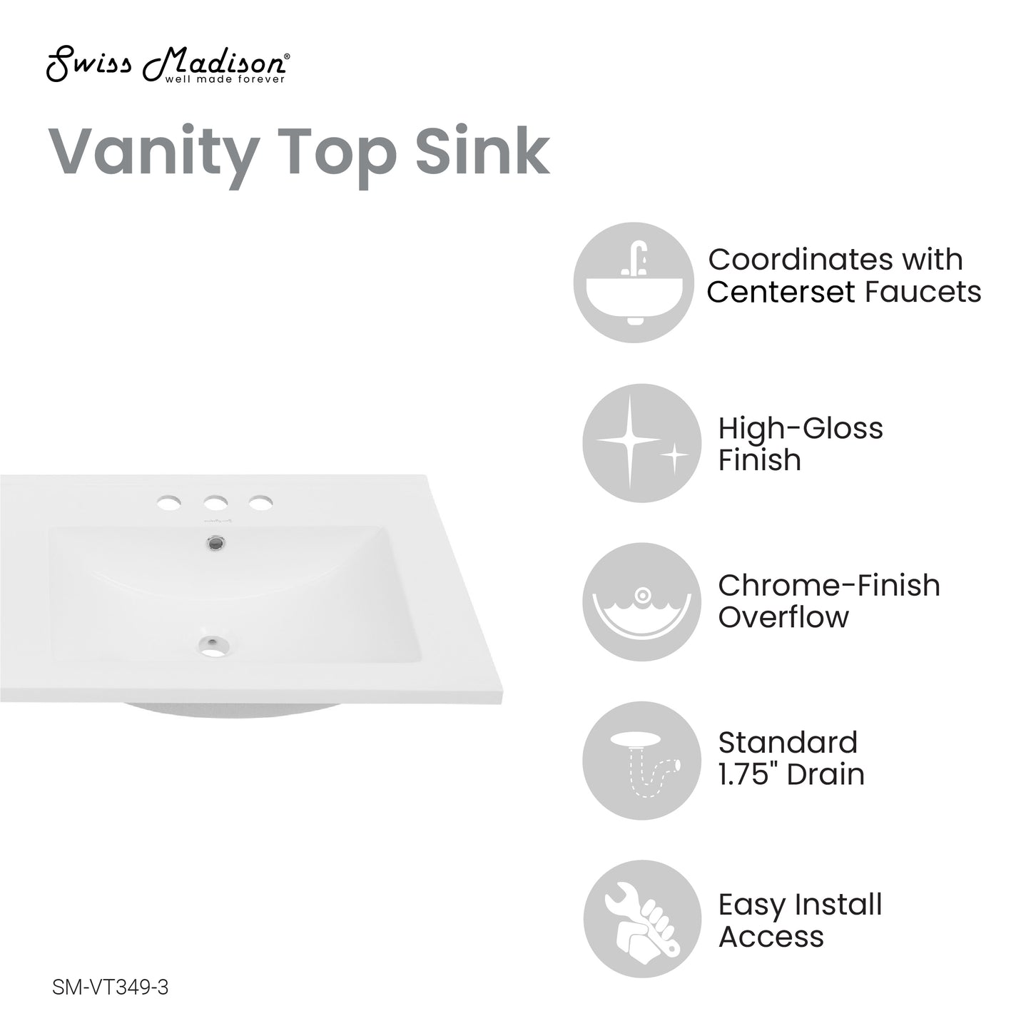 Swiss Madison, 48" 3-Hole Widespread Double Basin Vanity Sink Top in Glossy White