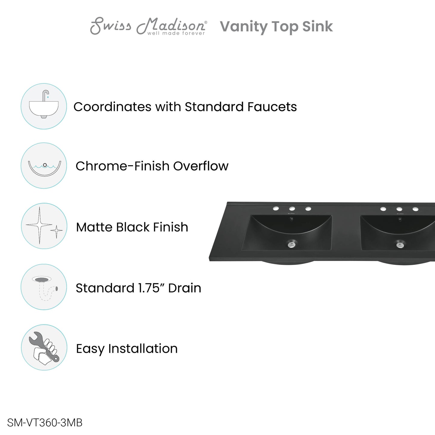 Swiss Madison, 60 inch Vanity Top Bathroom Sink in Matte Black with 3 Holes