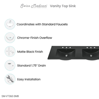 Swiss Madison, 60 inch Vanity Top Bathroom Sink in Matte Black with 3 Holes