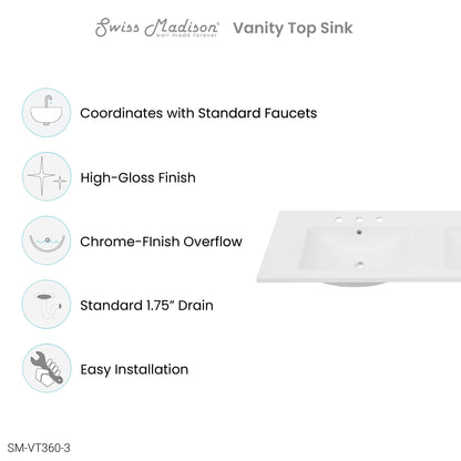 Swiss Madison, 60 inch Vanity Top Bathroom Sink with 3 Holes
