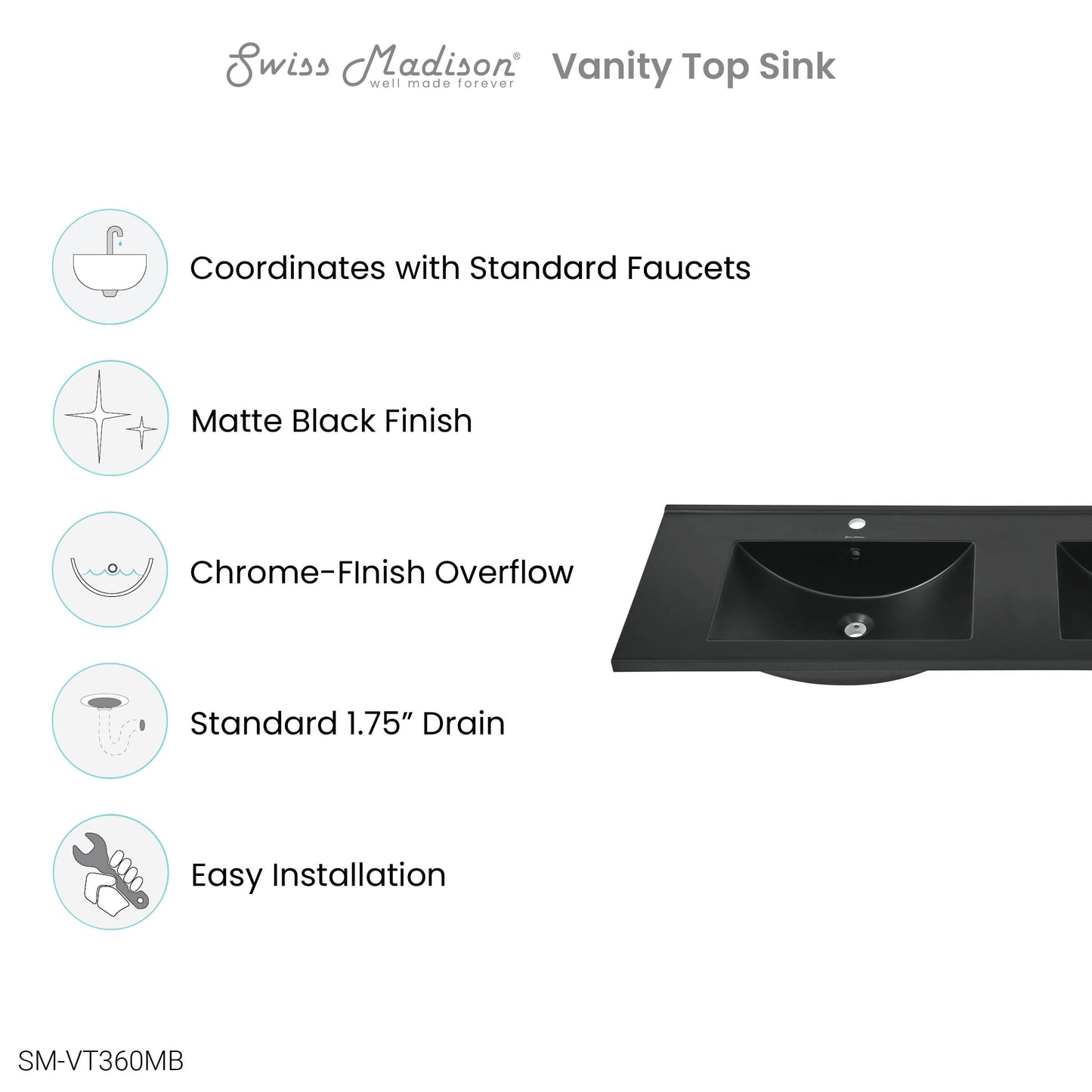 Swiss Madison, 60 inch Vanity Top Bathroom Sink in Matte Black