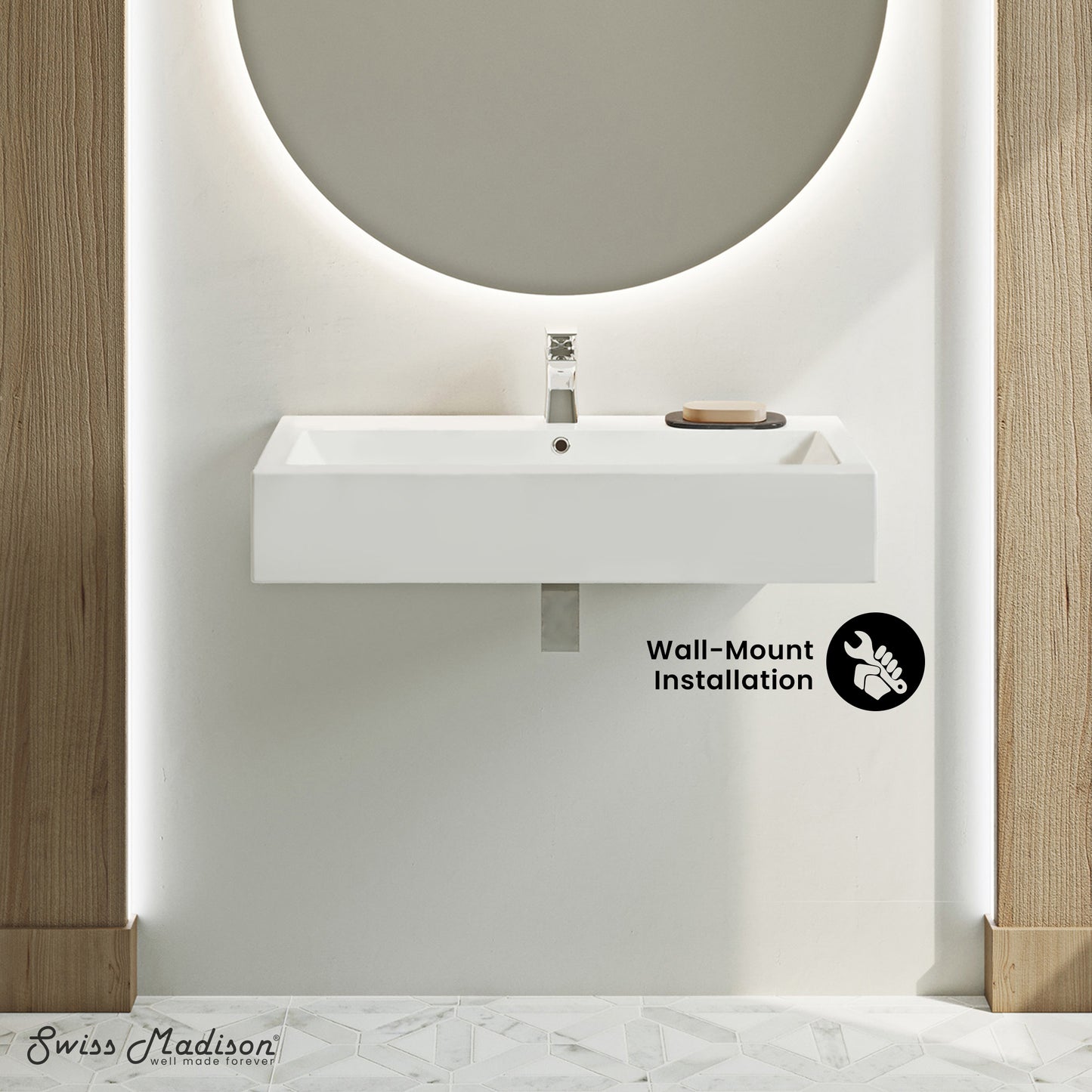 Swiss Madison, Voltaire Wide Rectangle Wall-Mount Sink in Shiny White