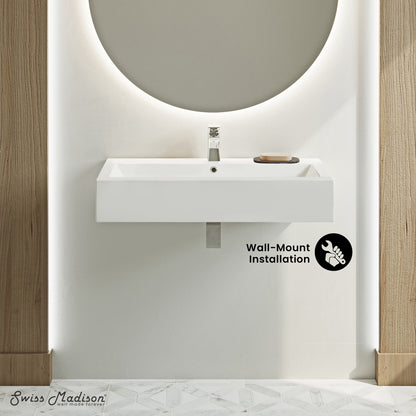 Swiss Madison, Voltaire Wide Rectangle Wall-Mount Sink in Shiny White