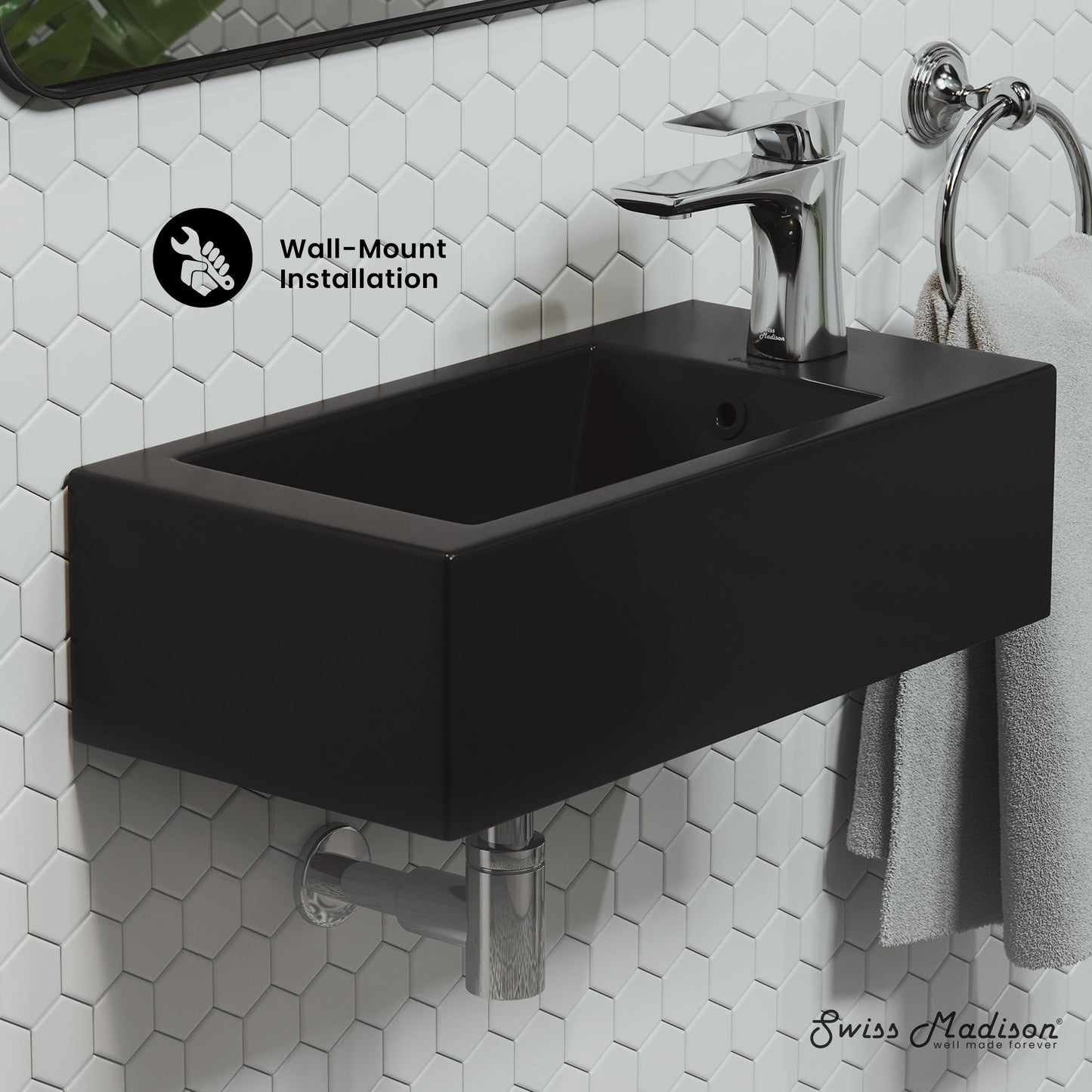 Swiss Madison, Voltaire 19.5 x 10 Rectangular Ceramic Wall Hung Sink with Right Side Faucet Mount, Matte Black