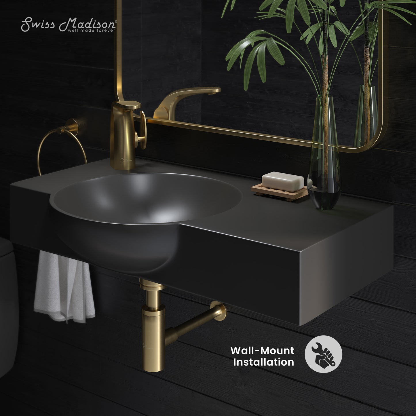 Swiss Madison, Chateau 30" Left Side Faucet Wall-Mount Bathroom Sink in Matte Black