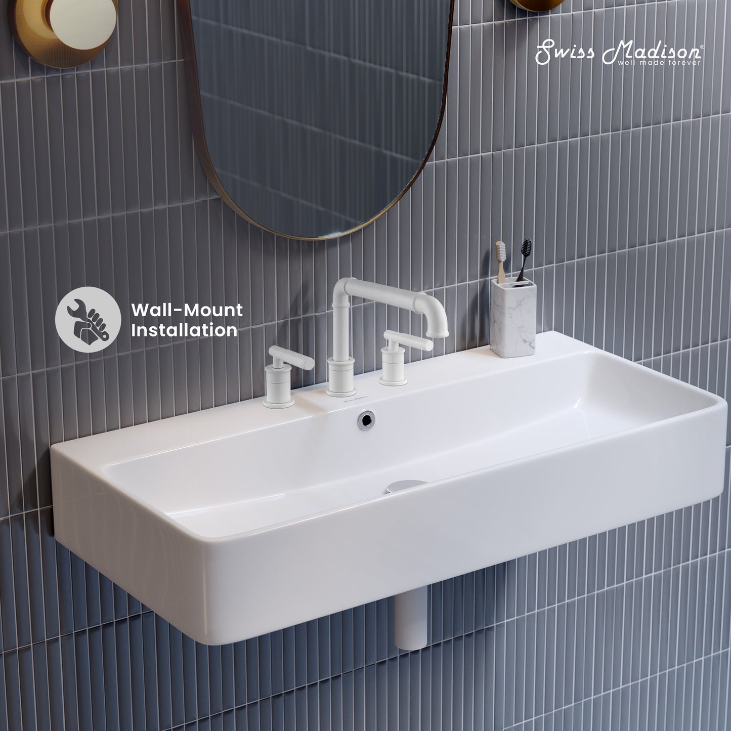 Swiss Madison, Carre 36" Wall-Mount Bathroom Sink with 8" Widespread Holes