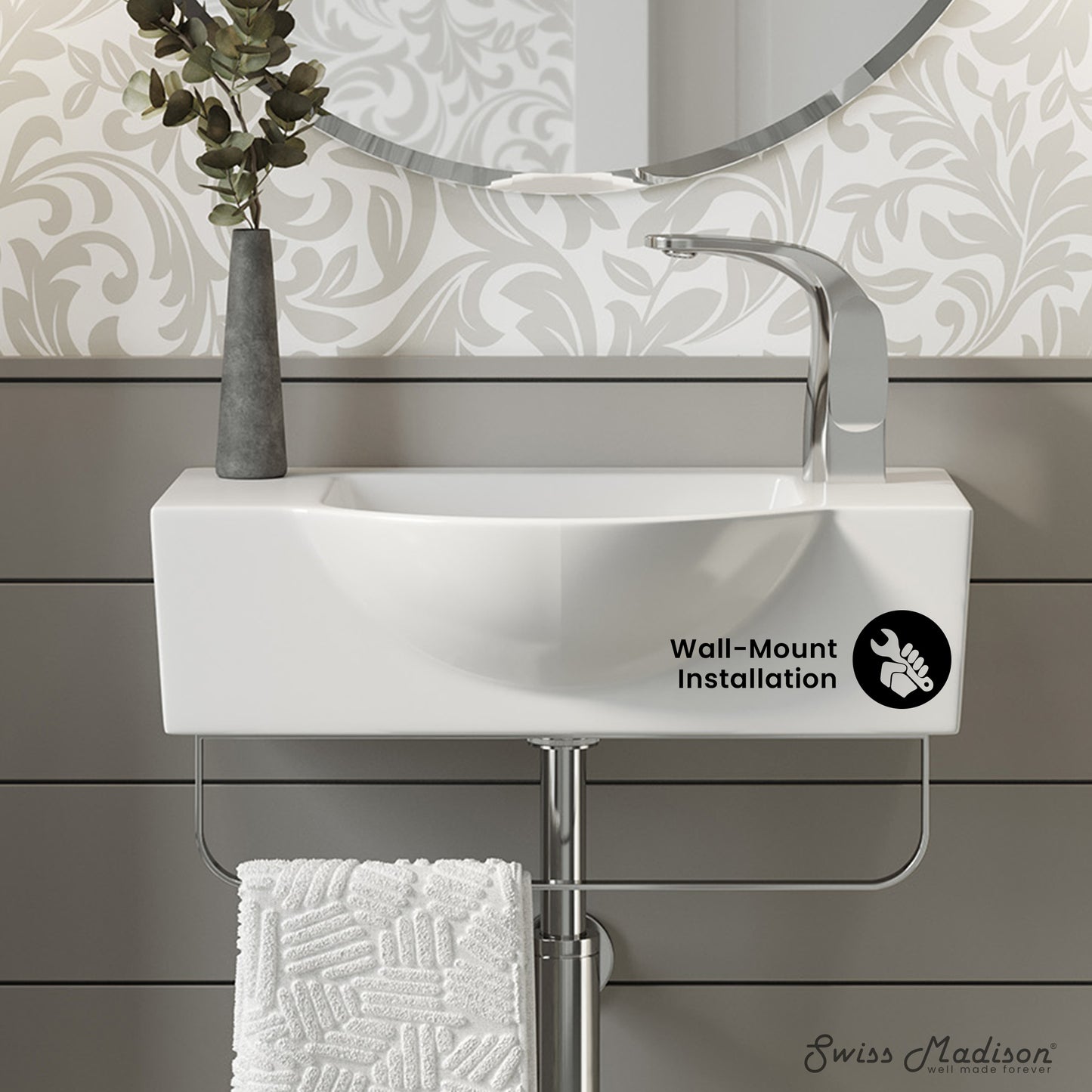 Swiss Madison, Chateau 21.5" Right Side Faucet Wall-Mount Bathroom Sink with Chrome Towel Bar