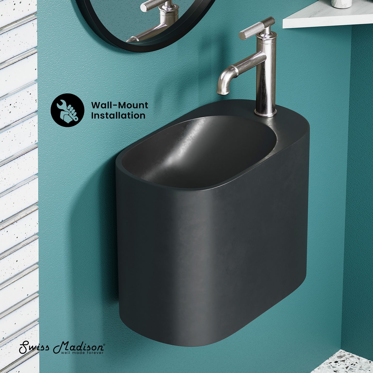 Swiss Madison, Terre 18" Right Side Faucet Wall-Mount Bathroom Sink in Black
