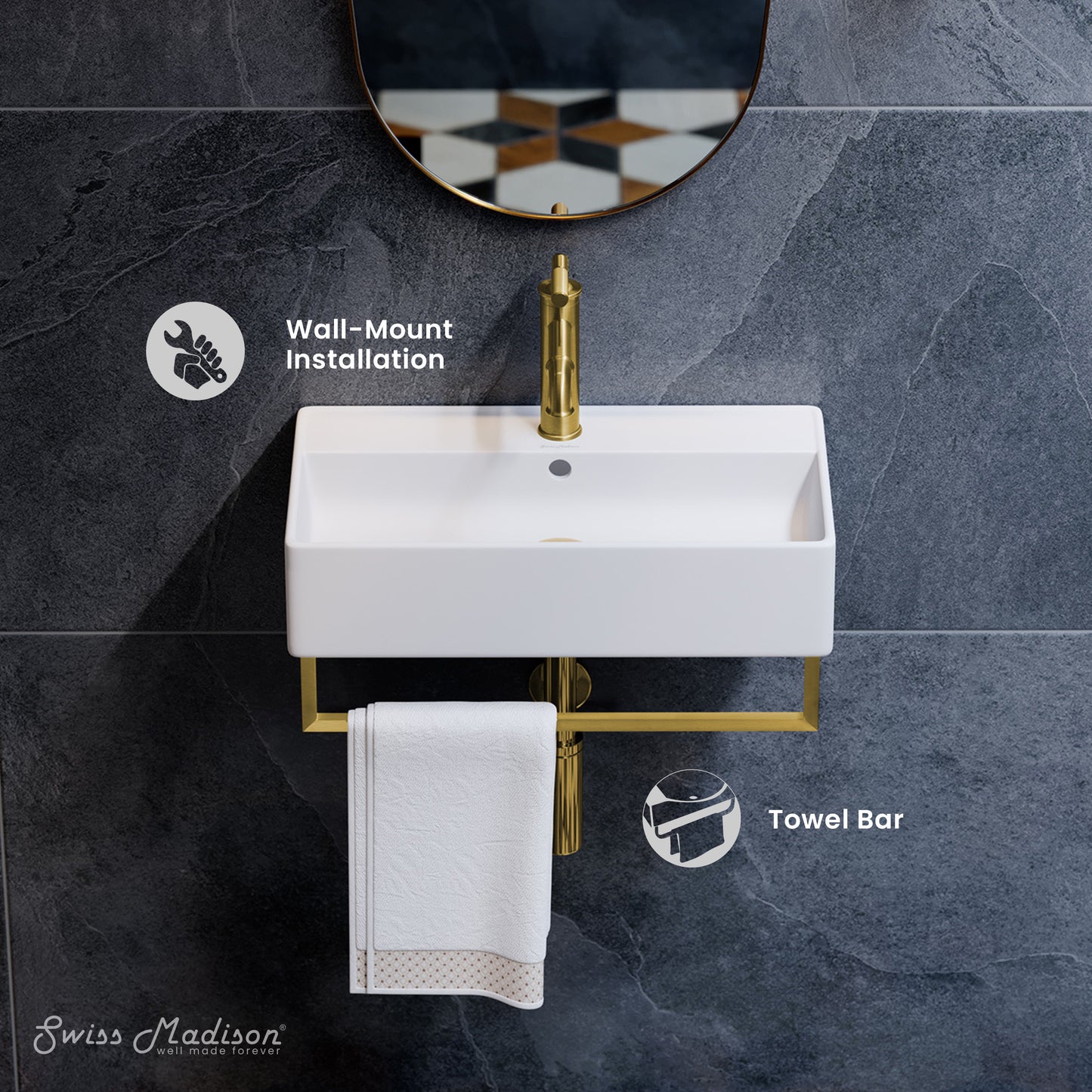 Swiss Madison, Claire 22" Wall-Mount Bathroom Sink with Brushed Gold Towel Bar