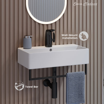 Swiss Madison, Claire 22" Wall-Mount Bathroom Sink with Black Towel Bar