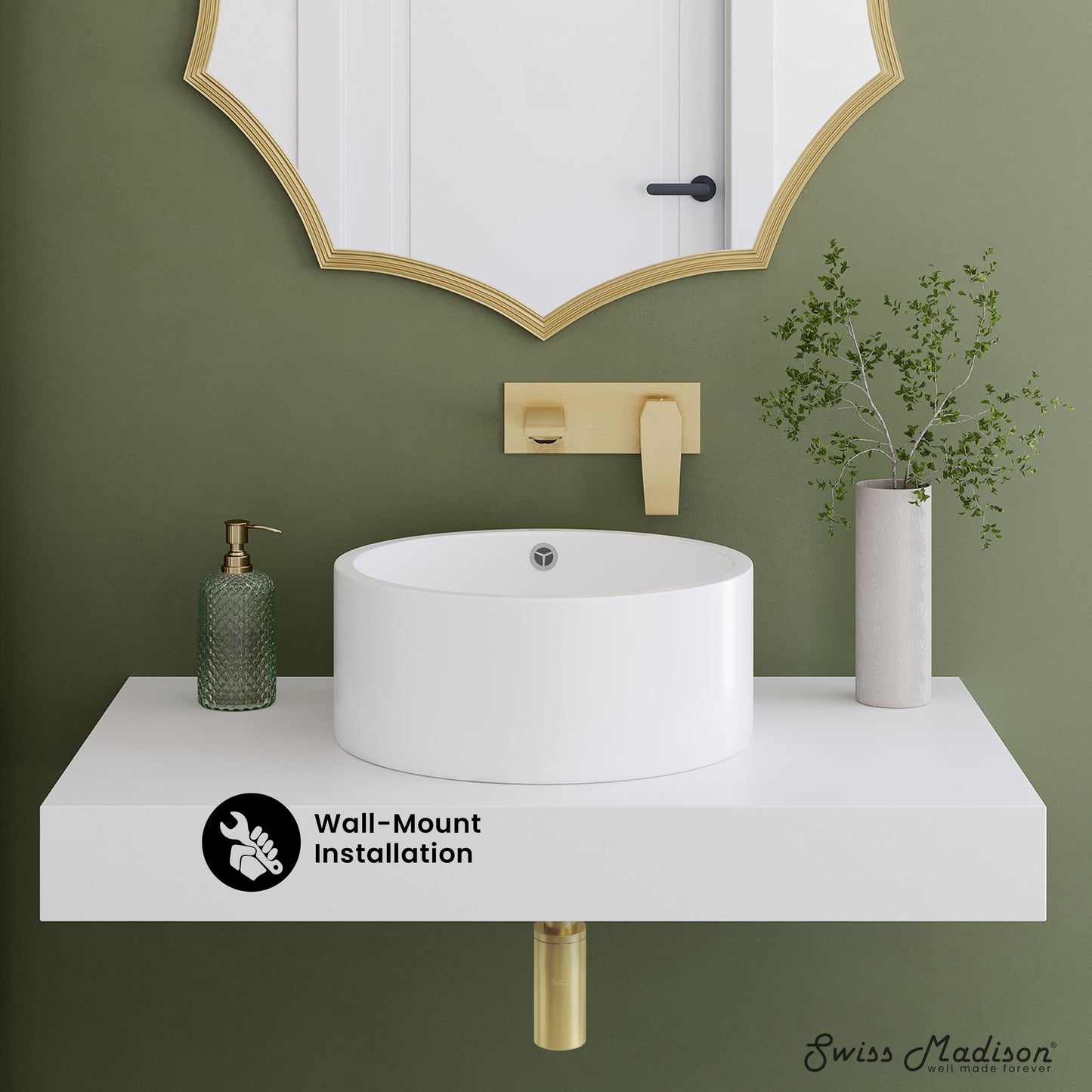 Swiss Madison, Monaco 36" Floating Bathroom Shelf with Vessel Sink in Glossy White