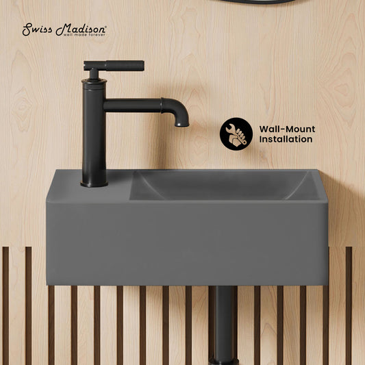 Swiss Madison, Lisse 16" Concrete Rectangle Wall-Mounted Sink with Left Side Faucet Mount in Matte Dark Gray