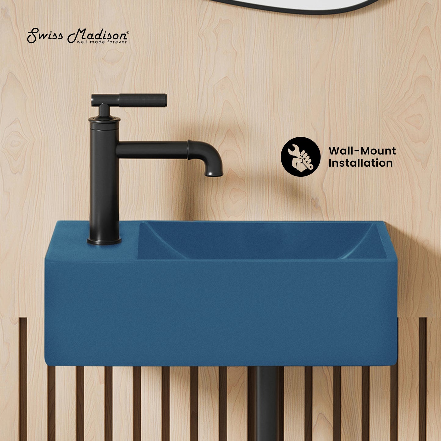 Swiss Madison, Lisse 16" Concrete Rectangle Wall-Mounted Sink with Left Side Faucet Mount in Matte Royal Blue