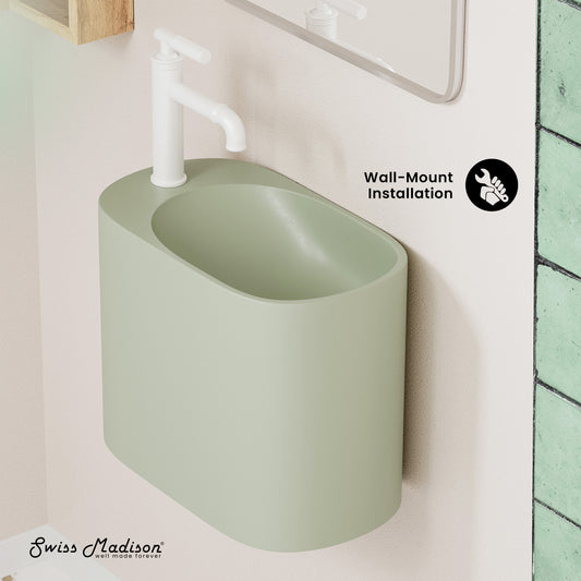 Swiss Madison, Terre 18" Solid Surface Oval Wall-Mounted Sink with Left Side Faucet Mount in Matte Palm Green