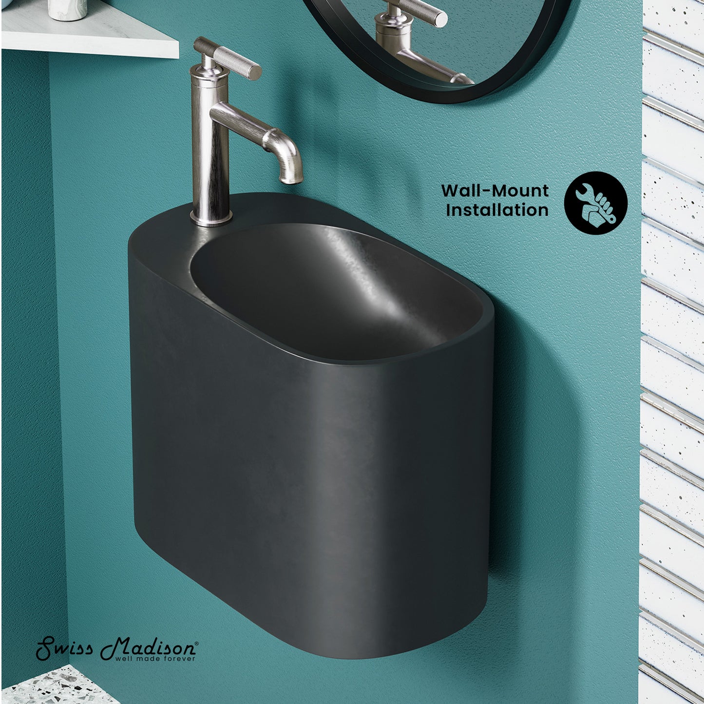 Swiss Madison, Terre 18" Solid Surface Oval Wall-Mounted Sink with Left Side Faucet Mount in Matte Black