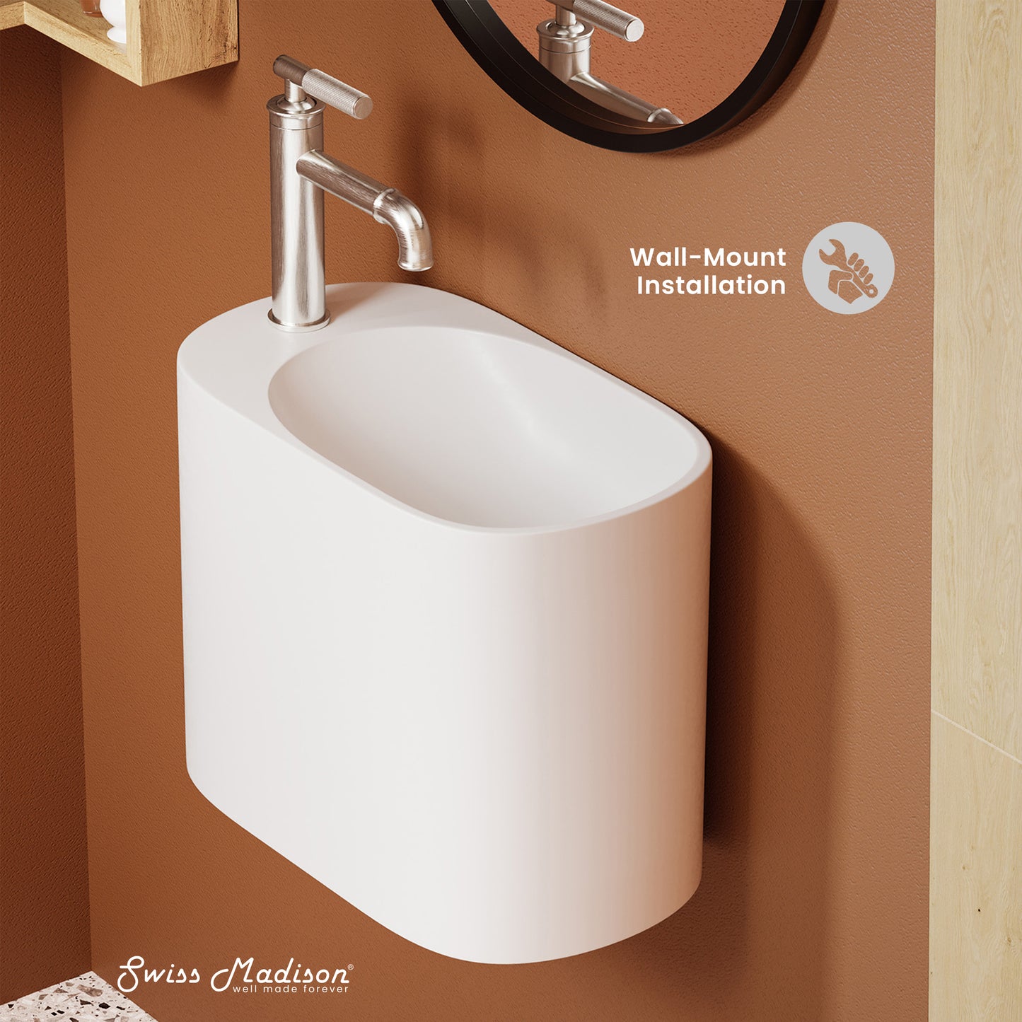 Swiss Madison, Terre 18" Solid Surface Oval Wall-Mounted Sink with Left Side Faucet Mount in Matte White
