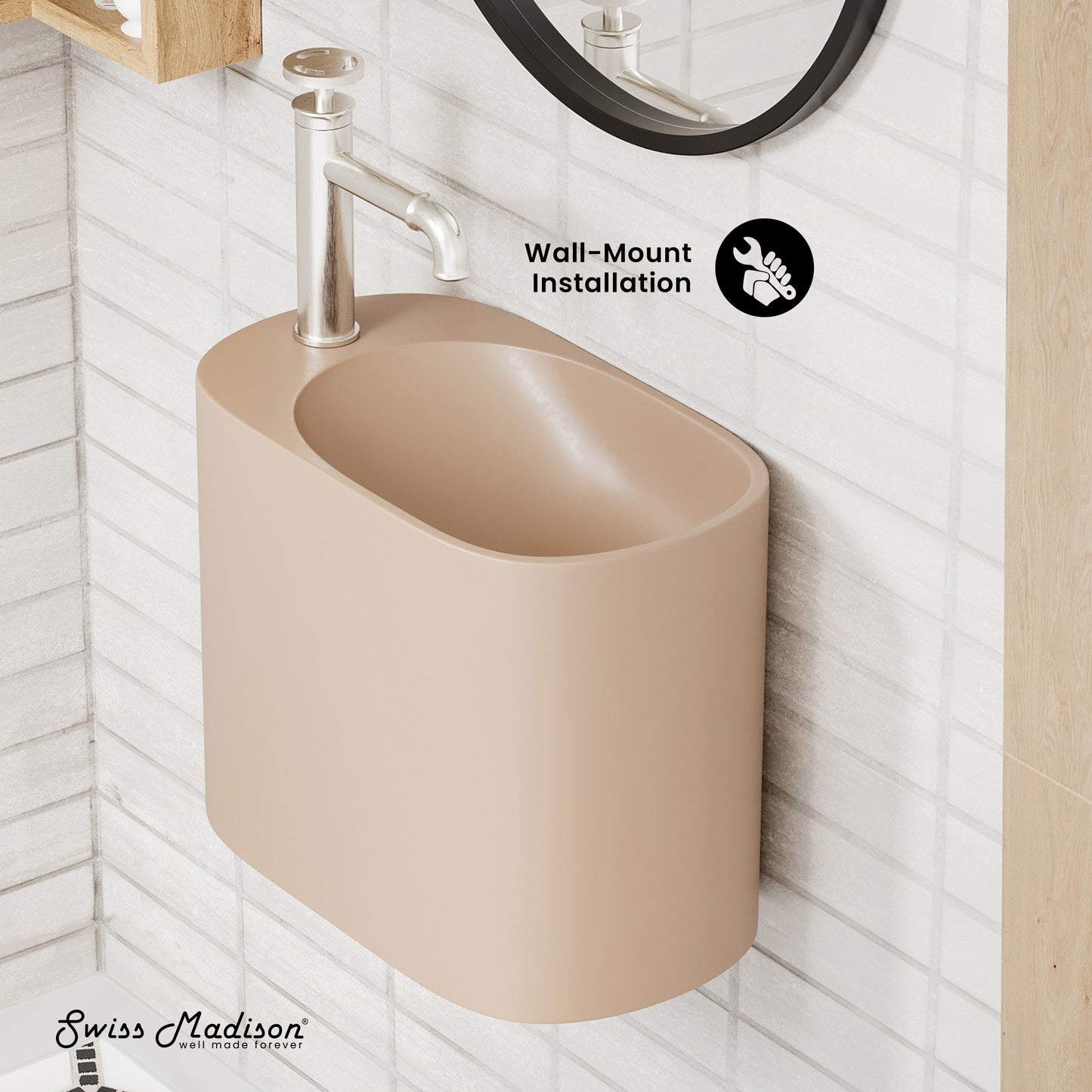 Swiss Madison, Terre 18" Solid Surface Oval Wall-Mounted Sink with Left Side Faucet Mount in Matte Pastel Peach